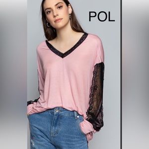 BP19🩷🖤POL precise pink v-neck top w/black lace sleeves+split back detail🩷🖤